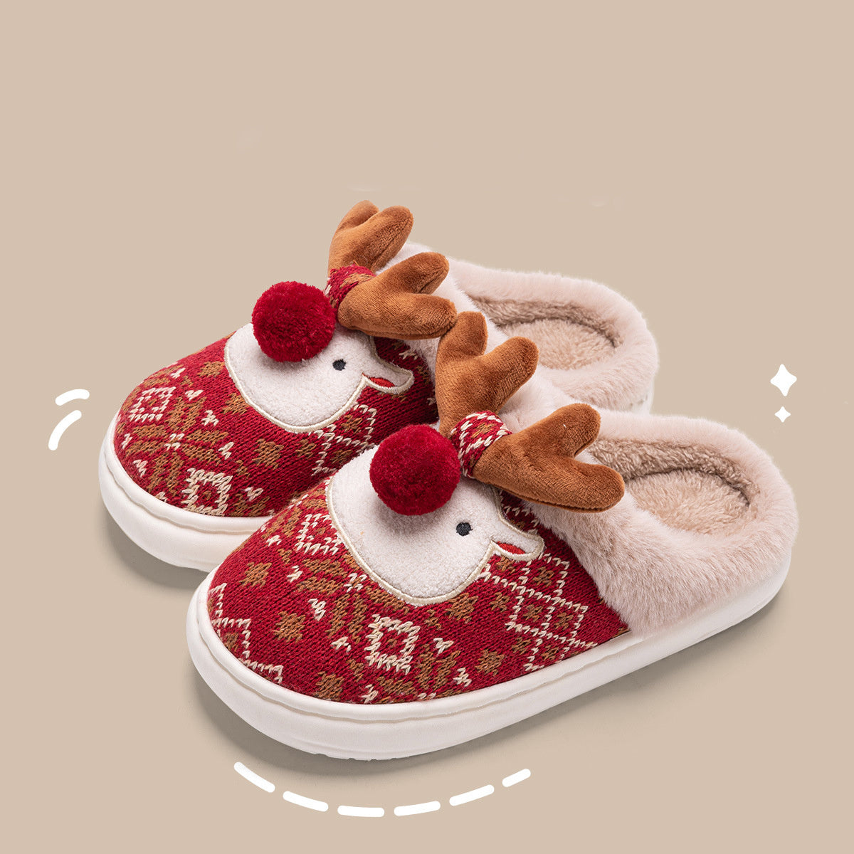 Women Christmas Elk Plush Slippers Winter Ins Fashion Non-slip Floor