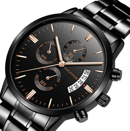 Men's Stainless Steel Watches with Business Leisure Calendar Quartz Watches Waterproof Black Refined Steel Watches