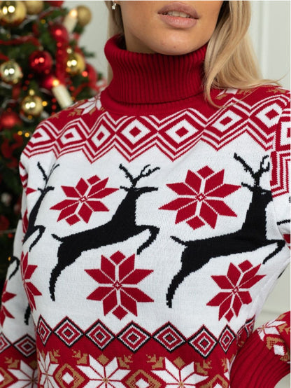 Men's Women's Couple Wear Christmas Elk Jacquard Long Sleeve Turtleneck Sweater