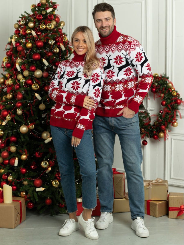 Men's Women's Couple Wear Christmas Elk Jacquard Long Sleeve Turtleneck Sweater