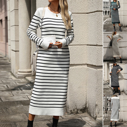 Slim Striped Printed Long Dress Fashion Autumn And Winter