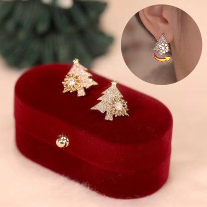 Rotatable Christmas Tree Earrings Shiny Rhinestone Snowflake Stud