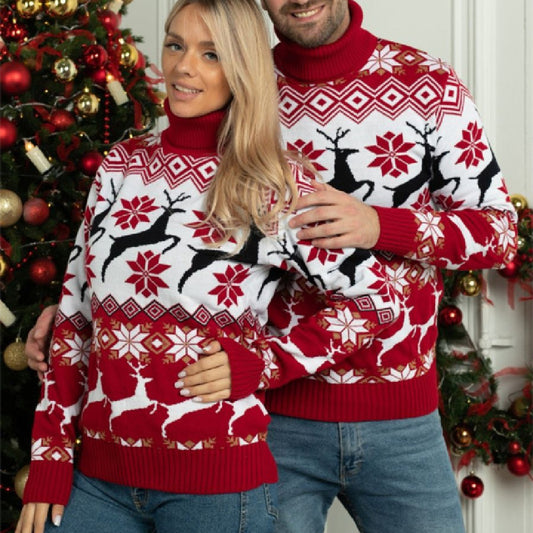 Men's Women's Couple Wear Christmas Elk Jacquard Long Sleeve Turtleneck Sweater