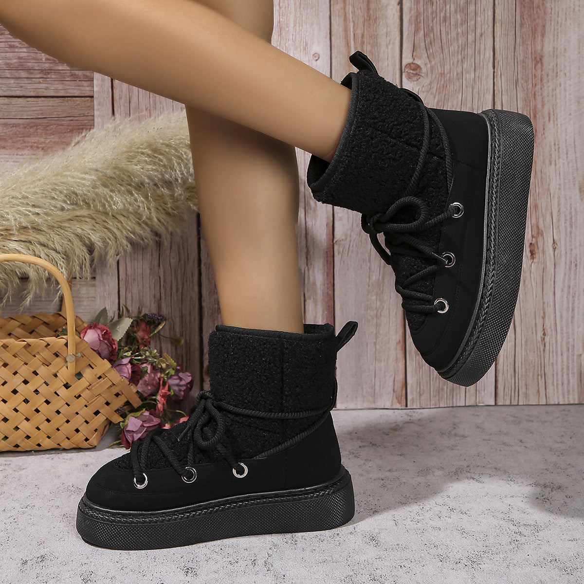 Women Fashion Lace-up Snow Boots Winter Flat Thick-sole