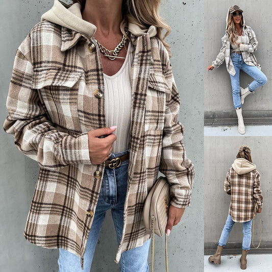 Women's Woolen Jacket Winter Fashion Plaid Hooded Coat