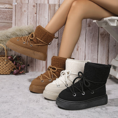 Women Fashion Lace-up Snow Boots Winter Flat Thick-sole