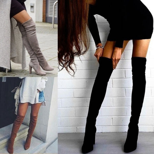 Women Pointed Toe Chunky Heel Over-the-knee Boots