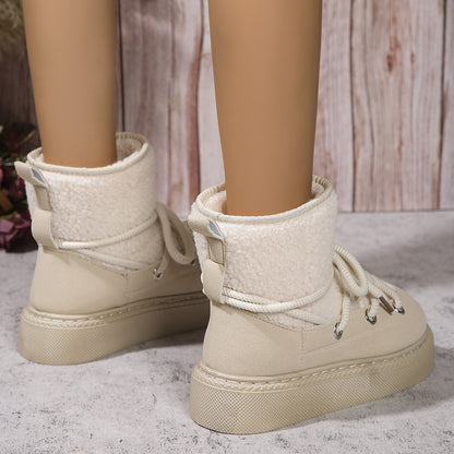 Women Fashion Lace-up Snow Boots Winter Flat Thick-sole