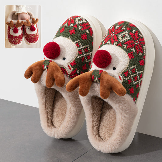 Women Christmas Elk Plush Slippers Winter Ins Fashion Non-slip Floor