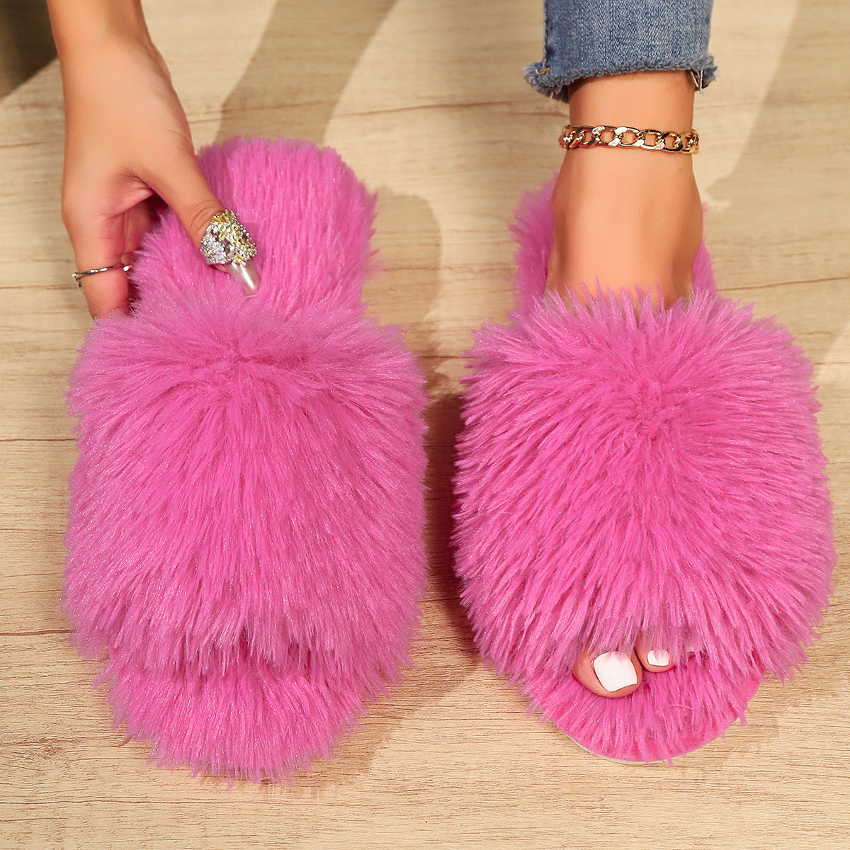 Fashion Plush Slippers Winter Warm Soft Fluffy Slipper Women