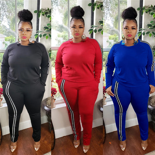 Plus Size Women Side Stripe Two Piece Set