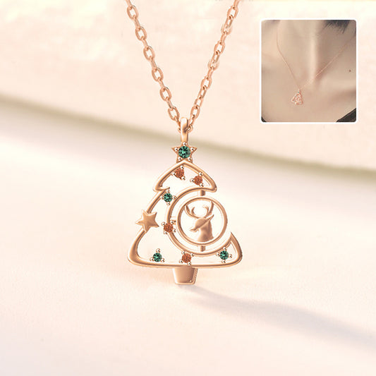 Women S925 Elk Christmas Tree Necklace Fashion Ins Style Zircon Clavicle Chain