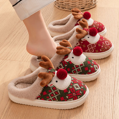 Women Christmas Elk Plush Slippers Winter Ins Fashion Non-slip Floor