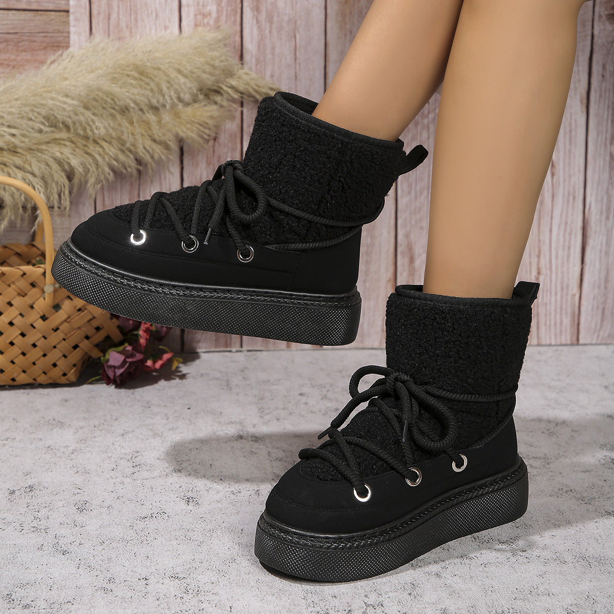 Women Fashion Lace-up Snow Boots Winter Flat Thick-sole