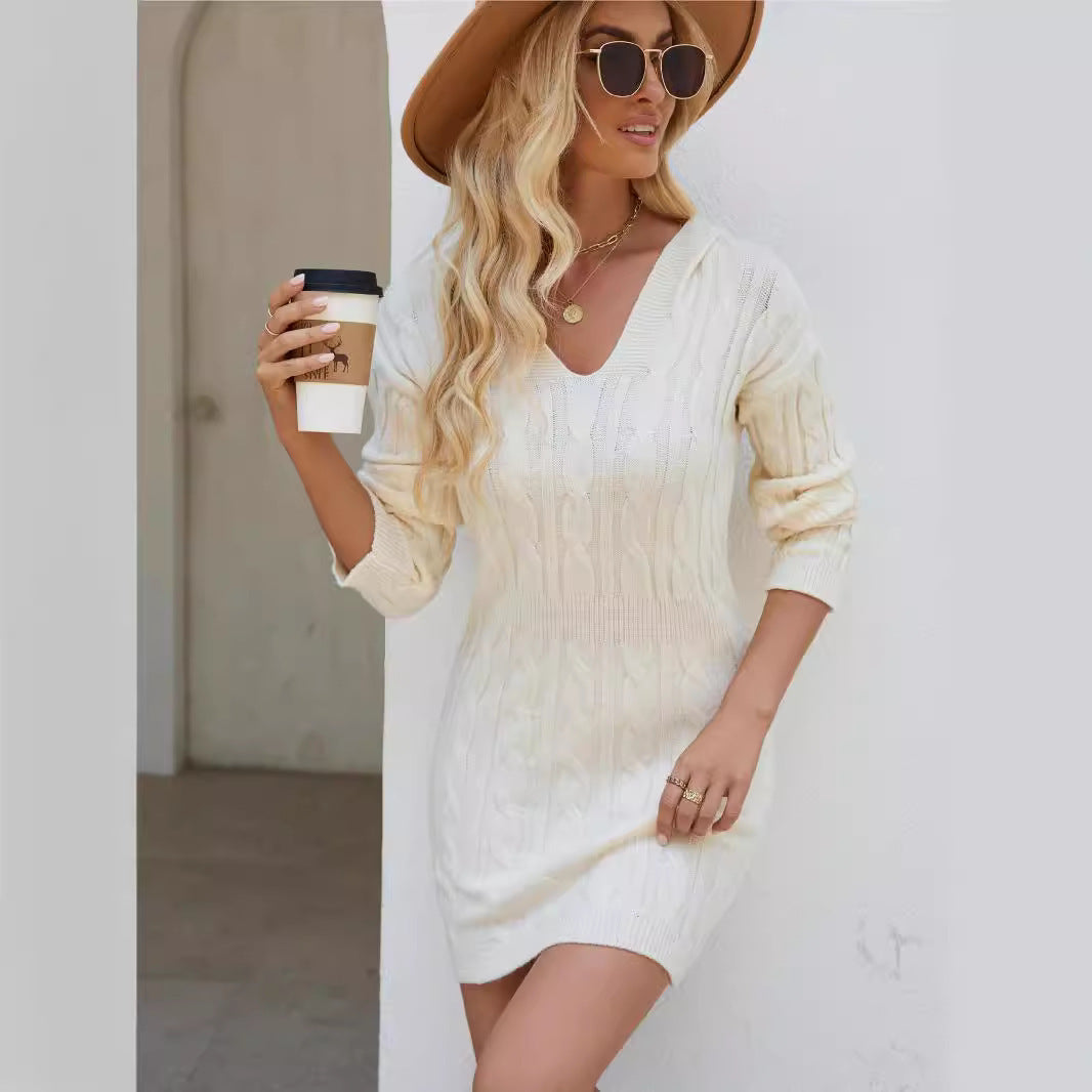 Women Fashion V-Neck Hooded Long Sleeve Knit Dress