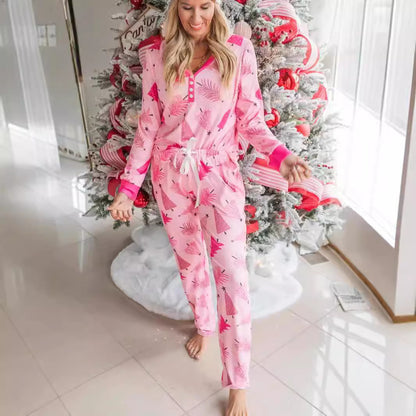 Christmas Pajamas Suit Christmas Tree Printed Long Sleeve Button Two-piece Set