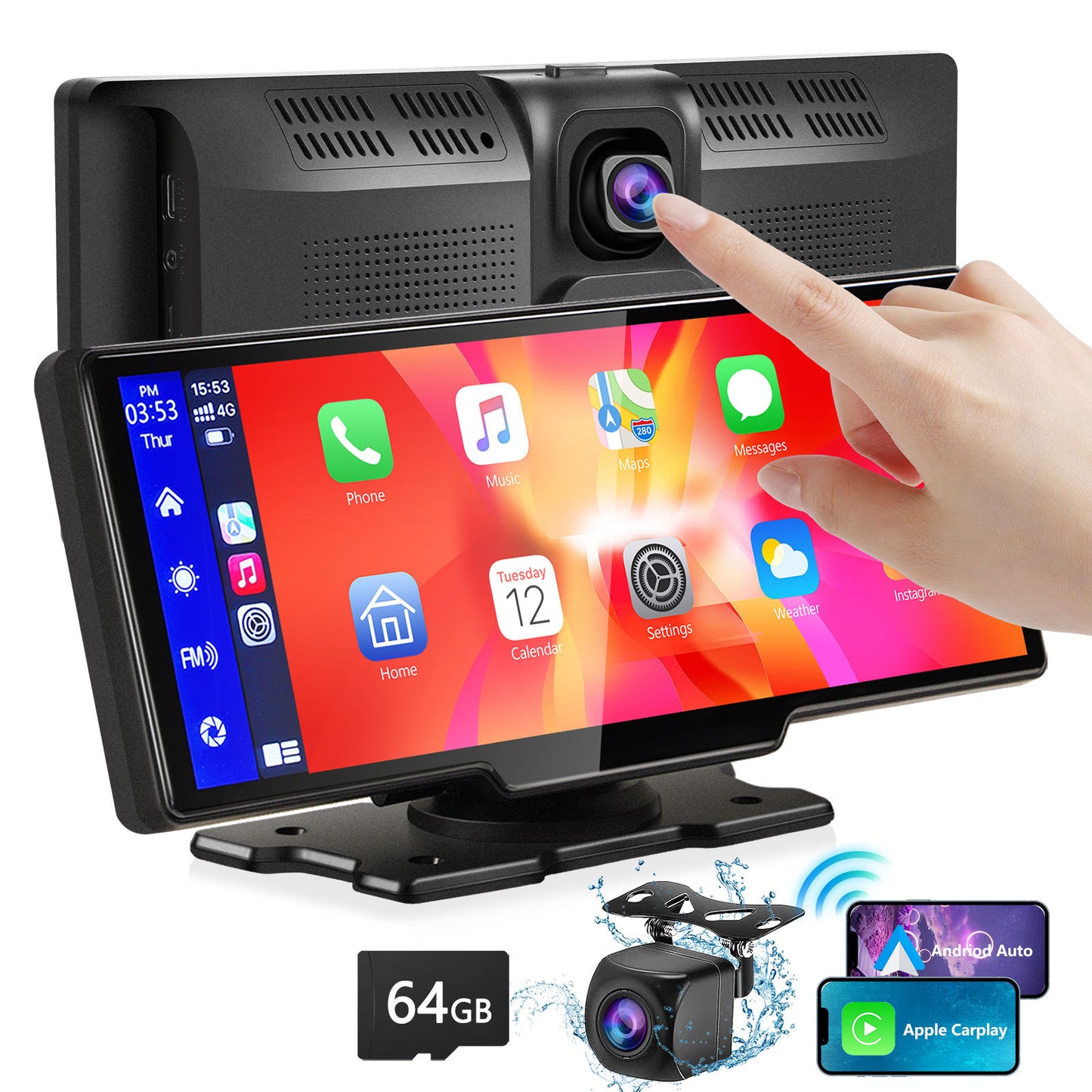 Portable Wireless Carplay With 2.5K Camera, 1080P Back Cam