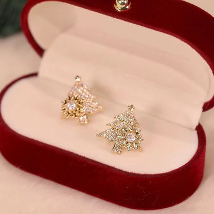 Rotatable Christmas Tree Earrings Shiny Rhinestone Snowflake Stud