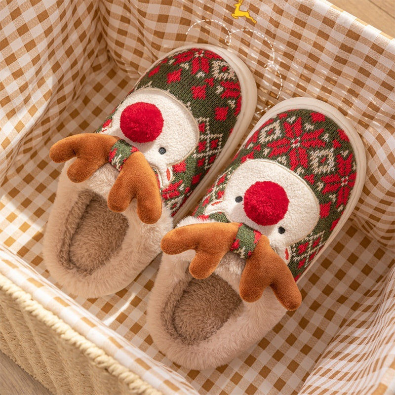 Women Christmas Elk Plush Slippers Winter Ins Fashion Non-slip Floor