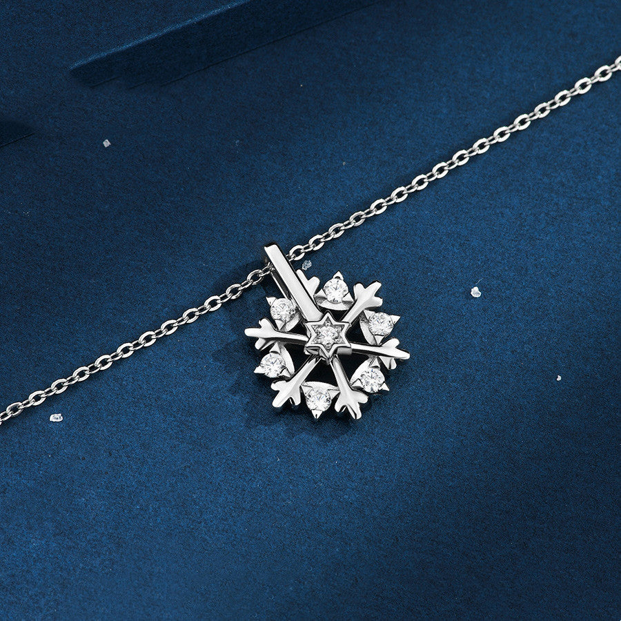 Women 925 Silver Snowflake Necklace Luxury Niche Design Shiny Rhinestone Jewelry Christmas Gift