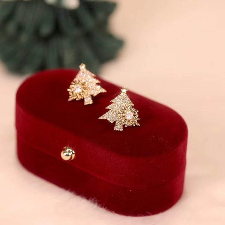 Rotatable Christmas Tree Earrings Shiny Rhinestone Snowflake Stud