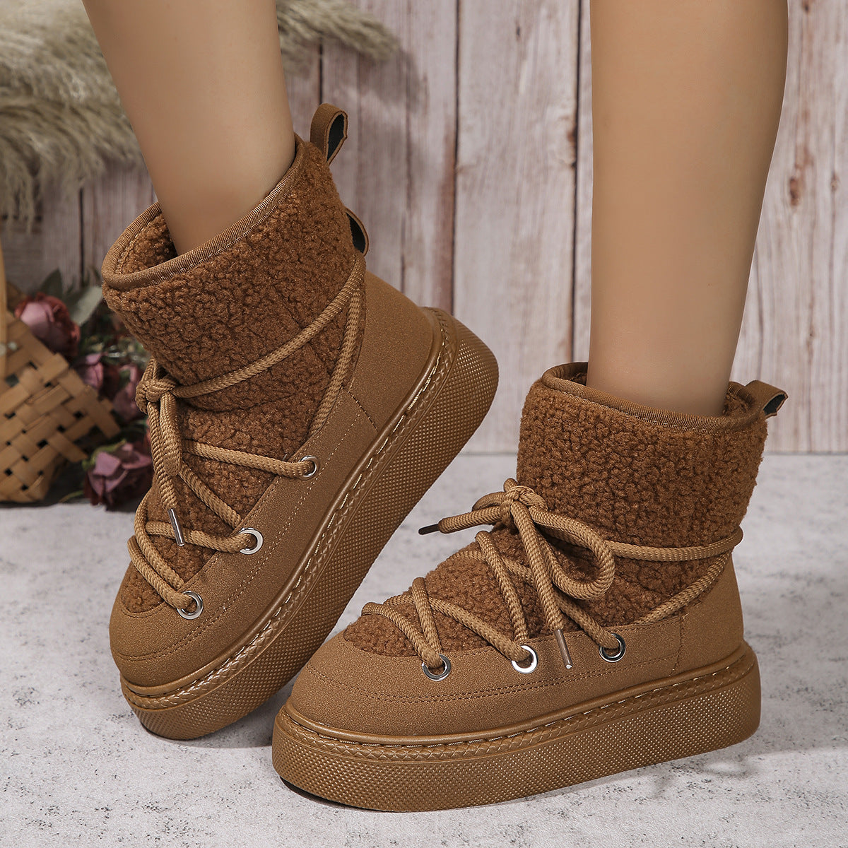 Women Fashion Lace-up Snow Boots Winter Flat Thick-sole