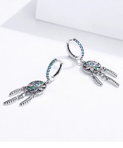 Women 925 Sterling Silver Bohemia Dreamcatcher Hanging Drop Earrings