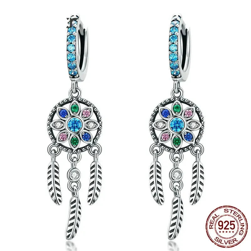 Women 925 Sterling Silver Bohemia Dreamcatcher Hanging Drop Earrings