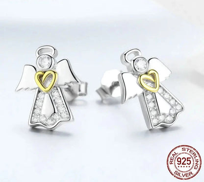 Women 925 Sterling Silver Guardian Angel Stud Earrings Pave Setting CZ