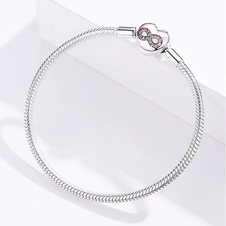 Infinity Heart Bracelet Sterling Silver 925 Heart-shape Love Snake Bangle 3mm for Women