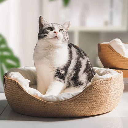 Pet Cat Mat Dog Bed Sofa Handmade Bamboo Weaving Four Season Baskets Waterproof Removable Cushion