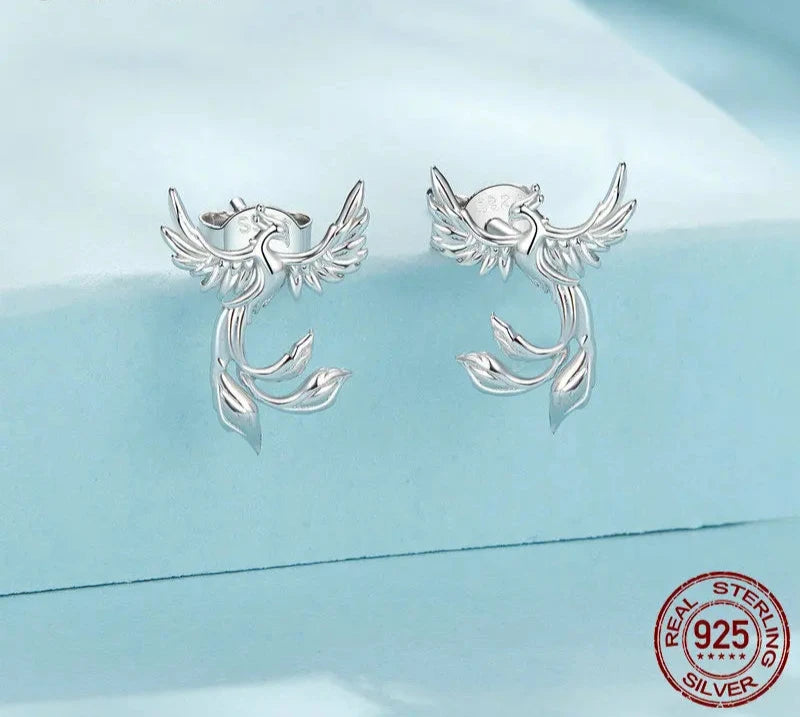 925 Sterling Silver Dainty Phoenix Stud Earrings Bird