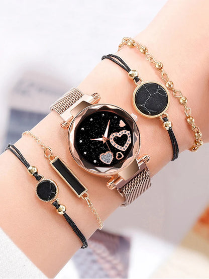 5pcs Women's Fashion Starry Sky Love Watch+Bracelet Combination Set