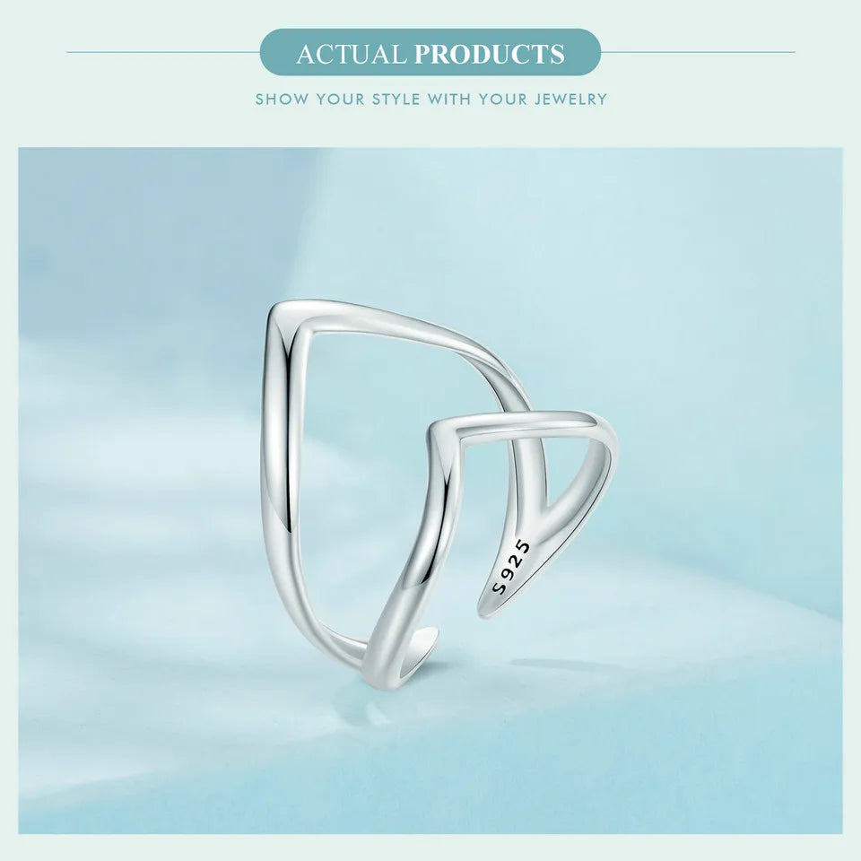 Women 925 Sterling Silver V-shaped Opening Ring Double-layer Adjustable