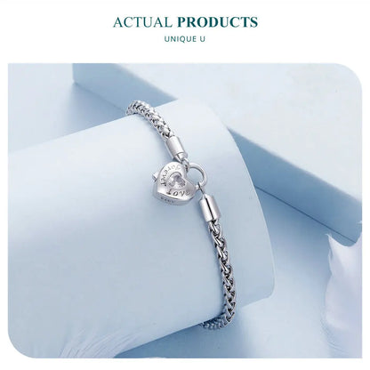 Women 925 Sterling Silver Heart Lock Buckle Basic Bracelet Platinum Plated