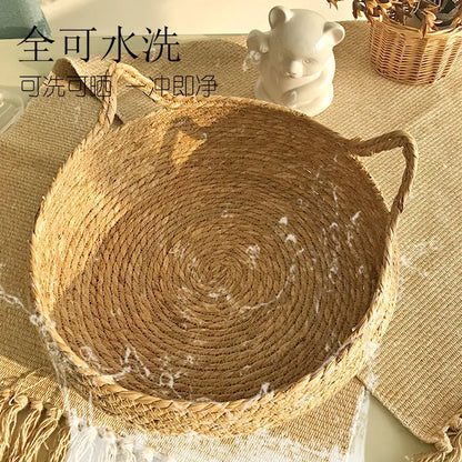 OUZEY Rattan Weaving Cat Basket Pet Cat Bed With Cushion Soft Warm Puppy Kitten Bed