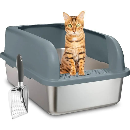 Stainless Steel Cat Litter Box, Easy Cleaning High Wall Side Covered