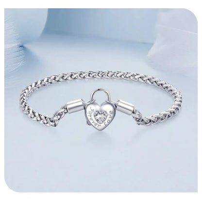 Women 925 Sterling Silver Heart Lock Buckle Basic Bracelet Platinum Plated