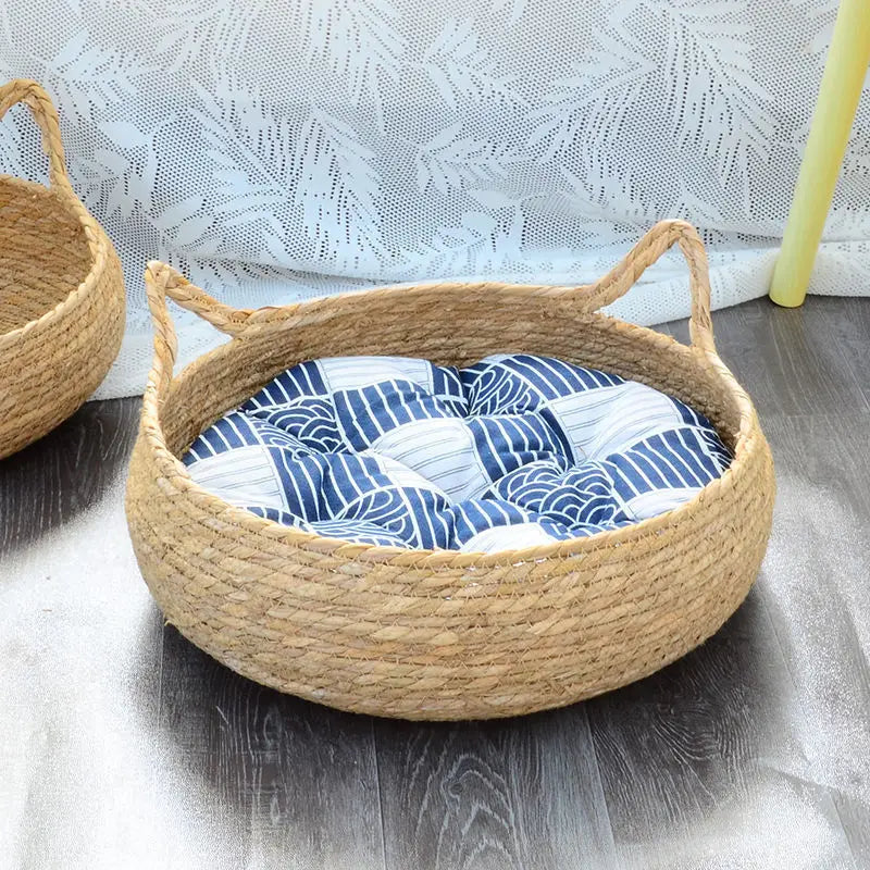 OUZEY Rattan Weaving Cat Basket Pet Cat Bed With Cushion Soft Warm Puppy Kitten Bed