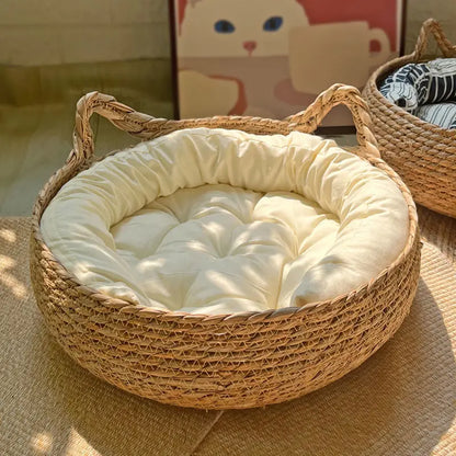 OUZEY Rattan Weaving Cat Basket Pet Cat Bed With Cushion Soft Warm Puppy Kitten Bed