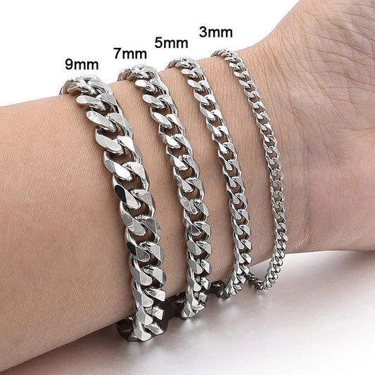 New Trendy Cuban Chain Men Bracelet Classic Stainless Steel 3/5/7/9mm Width