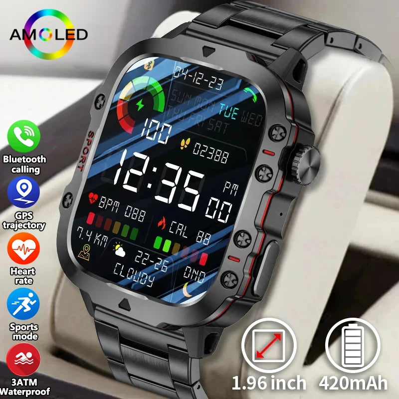 Military GPS Tracker Smart Watch Men Sports Fitness Tracker Health Monitor 1.96"