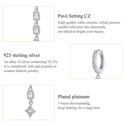 Women 925 Sterling Silver Classic Square CZ Long Dangle Earrings for Wedding.