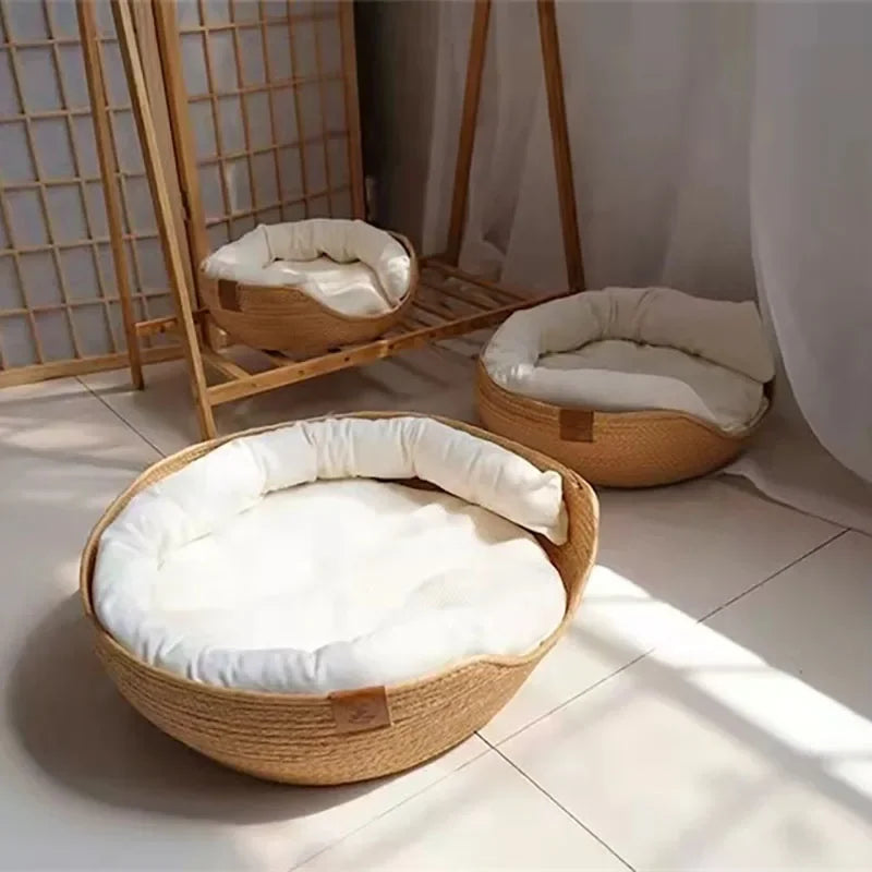 Pet Cat Mat Dog Bed Sofa Handmade Bamboo Weaving Four Season Baskets Waterproof Removable Cushion