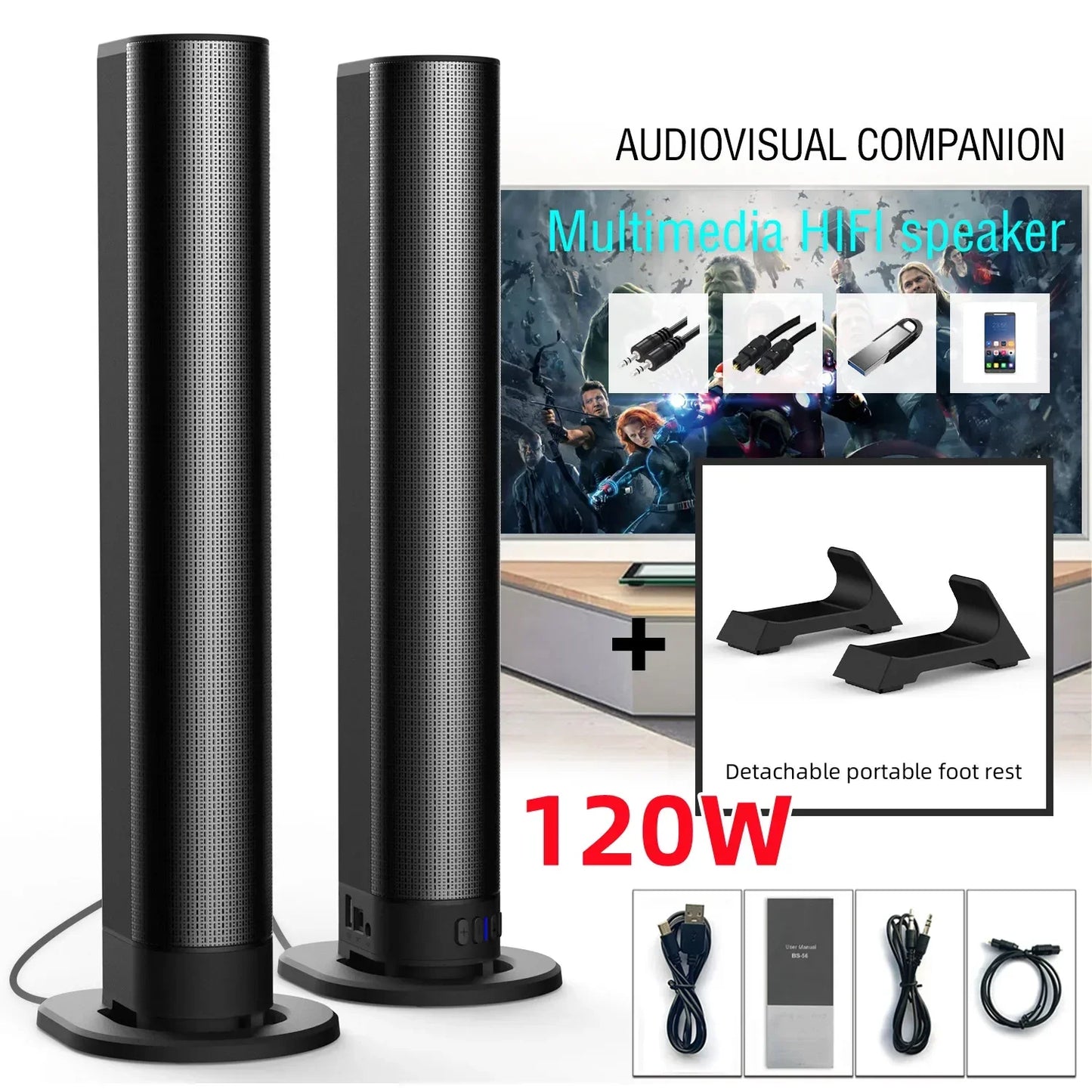 BS-56 High Power TV Computer Echo Wall Bluetooth Speaker Multifunctional HIFI Subwoofer AUX Light Input Home Theater TV Speaker