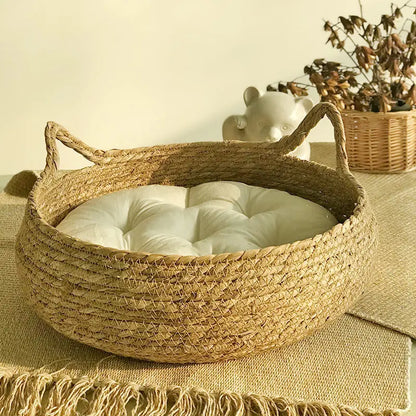 OUZEY Rattan Weaving Cat Basket Pet Cat Bed With Cushion Soft Warm Puppy Kitten Bed