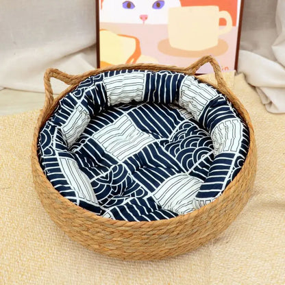 OUZEY Rattan Weaving Cat Basket Pet Cat Bed With Cushion Soft Warm Puppy Kitten Bed