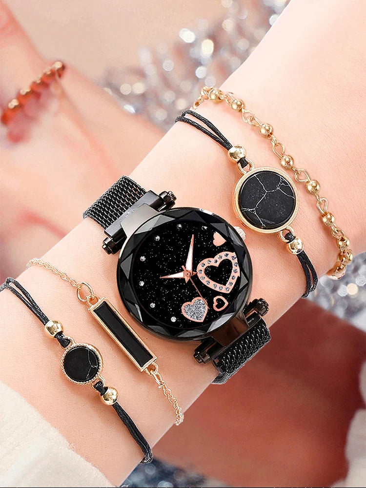 5pcs Women's Fashion Starry Sky Love Watch+Bracelet Combination Set