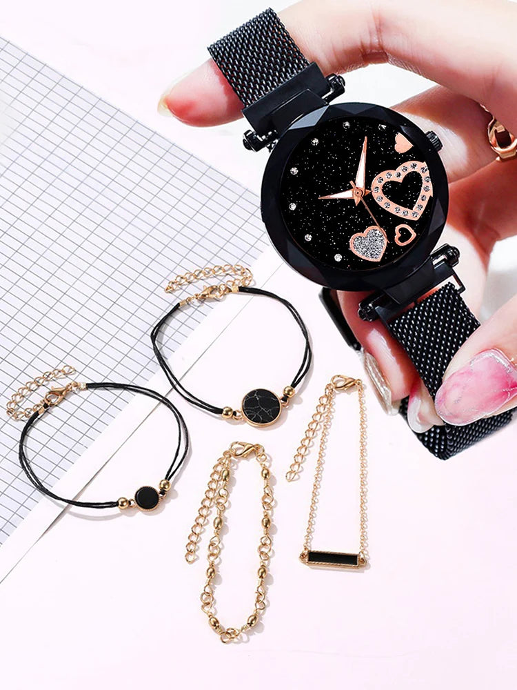 5pcs Women's Fashion Starry Sky Love Watch+Bracelet Combination Set