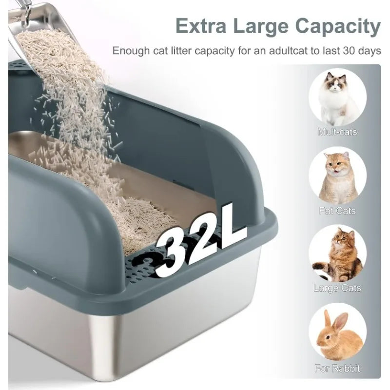 Stainless Steel Cat Litter Box, Easy Cleaning High Wall Side Covered